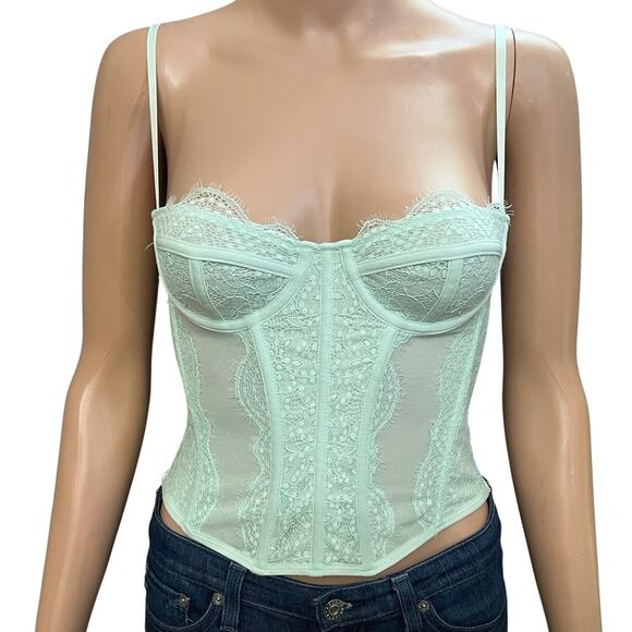 Out From Under Corset Top Small Cropped Mint Green Lace Mesh Coquette Sheer - Picture 1 of 7